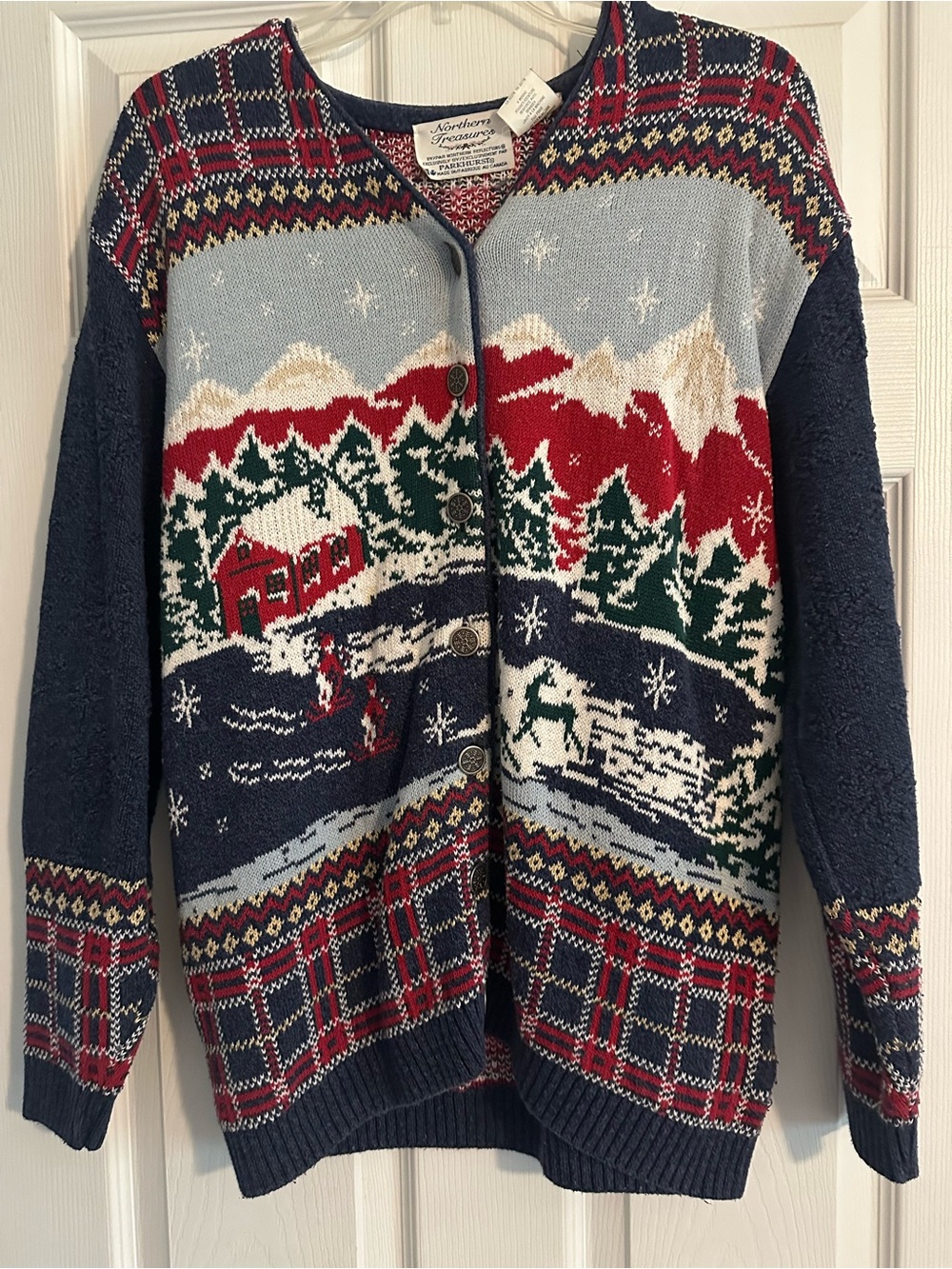 Northern Reflections Navy, Red, Green Scenic Knit Cardigan